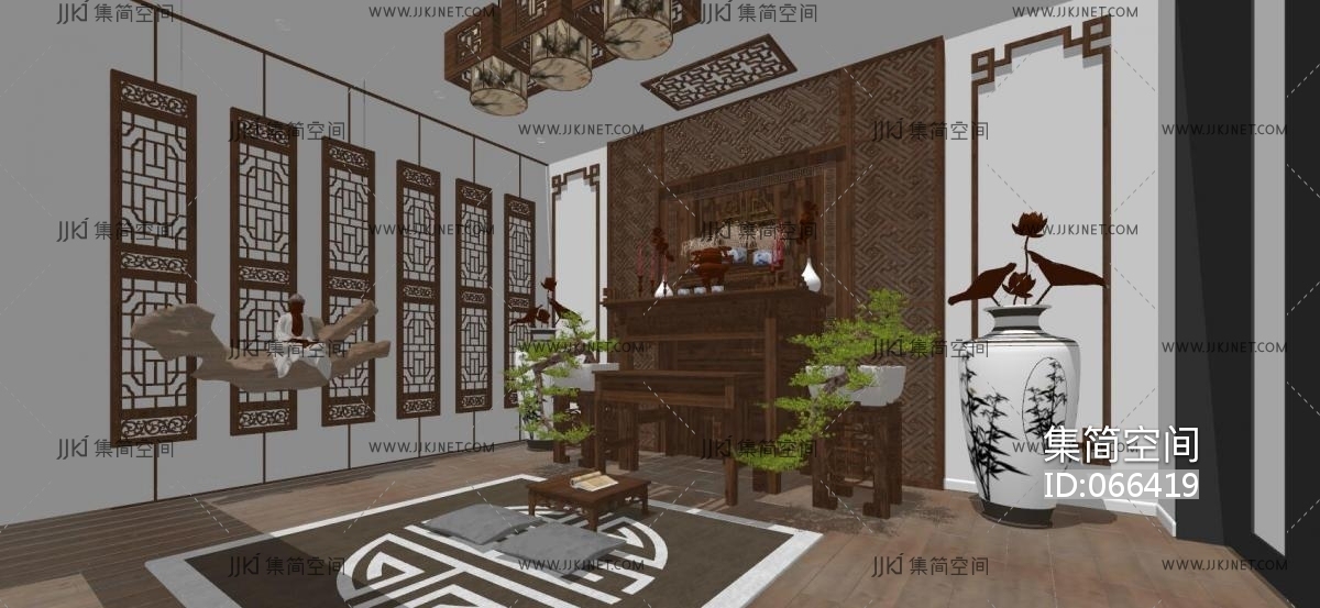 20新中式堂屋木质雕花隔断su草图模型下载