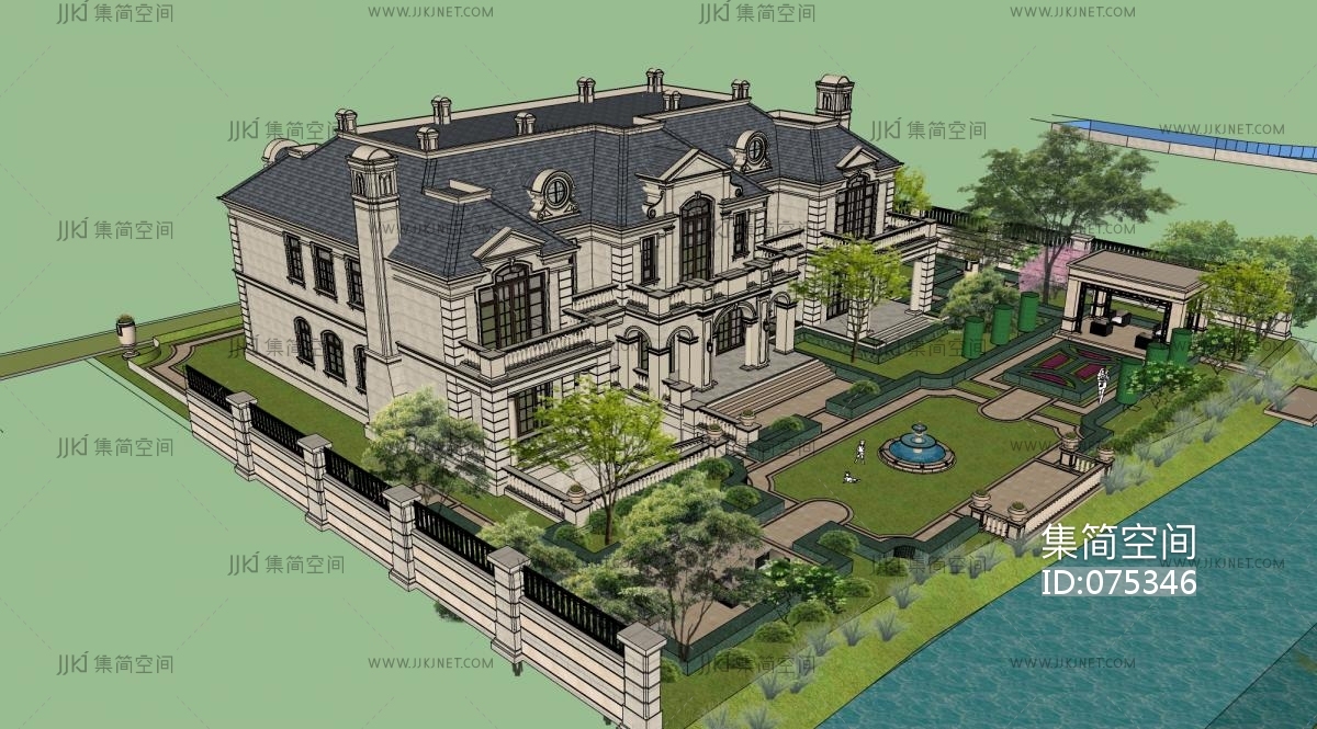 法式欧式古典别墅庄园景观花园喷泉院墙su草图模型下载