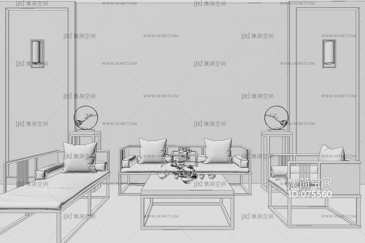 沙发茶几组合,卧榻,床榻,单椅,边几,茶具,中式花鸟背景墙su草图模型