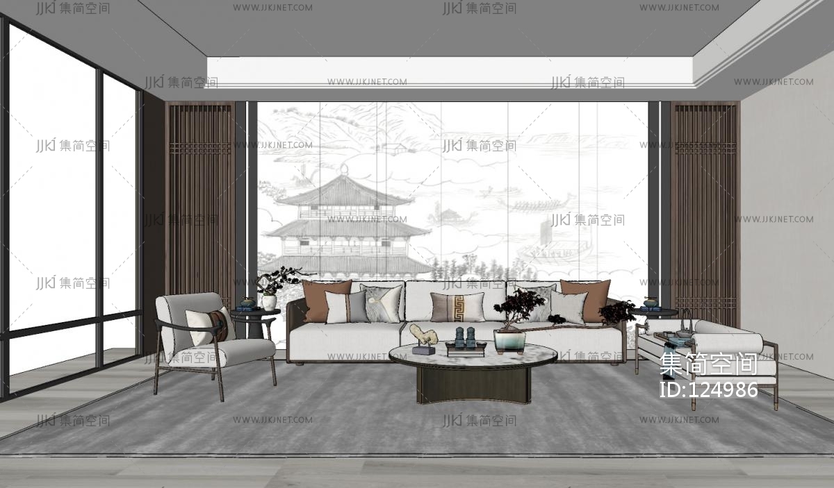 新中式客厅su草图模型下载-【集简空间】「每日更新」