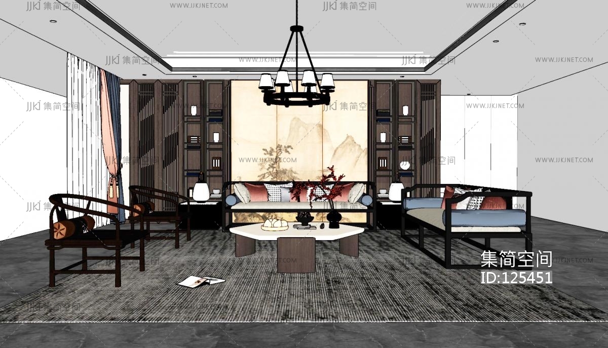 新中式家居客厅su草图模型下载-【集简空间】「每日更新」