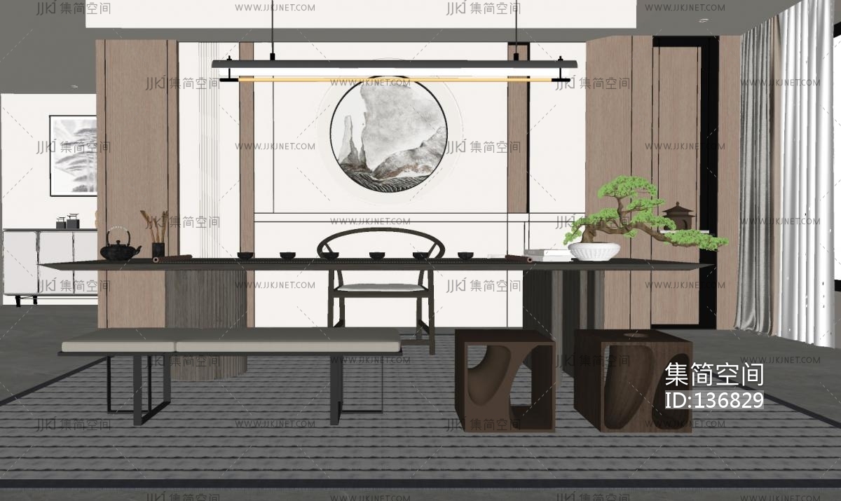 新中式茶室su模型su草图模型下载-【集简空间】「每日更新」