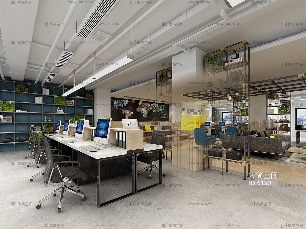 工业风开敞办公,办公区,员工工位,书架3d模型下载-【集简空间】「每日更新」