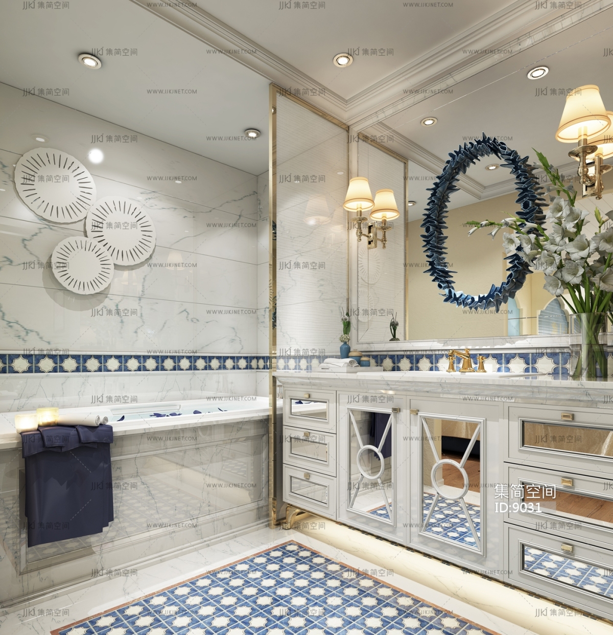 地中海风格三室一厅创意主卫生间洗手盆镜子仿古地砖装修图片 – 设计本装修效果图