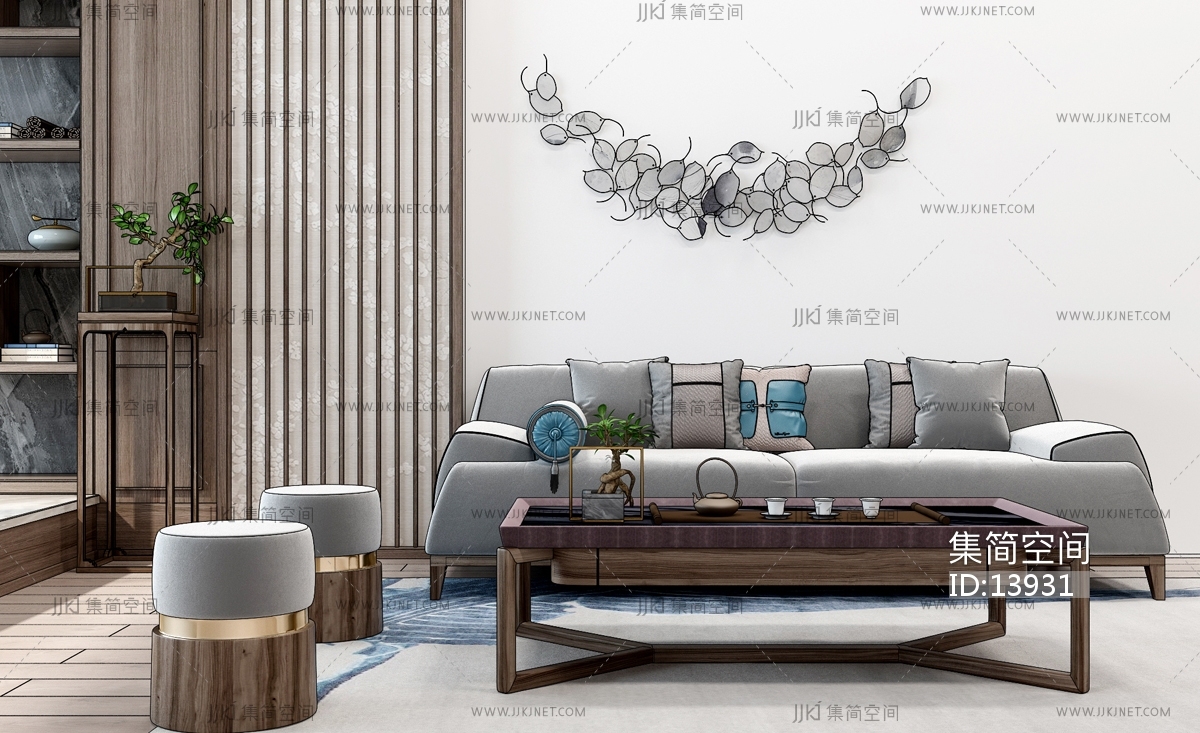 H31-1212新中式多人沙发茶几圆墩花架组合3d模型下载-【集简空间】「每日更新」