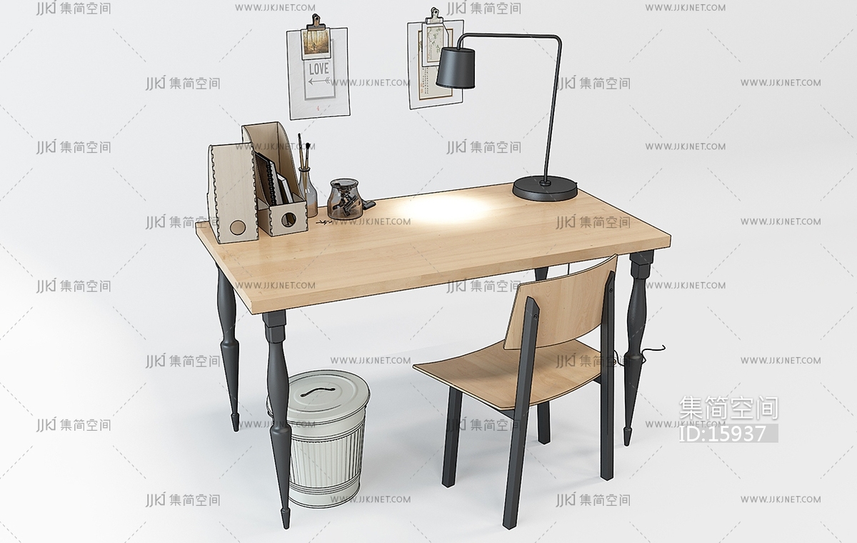 H09-0101北欧实木书桌椅写字台组合3d模型下载-【集简空间】「每日更新」