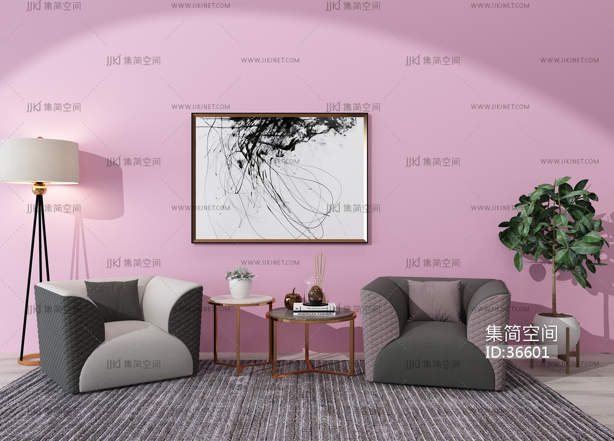 H08-0329现代轻奢简欧式单人沙发茶几落地灯3d模型下载-【集简空间】「每日更新」