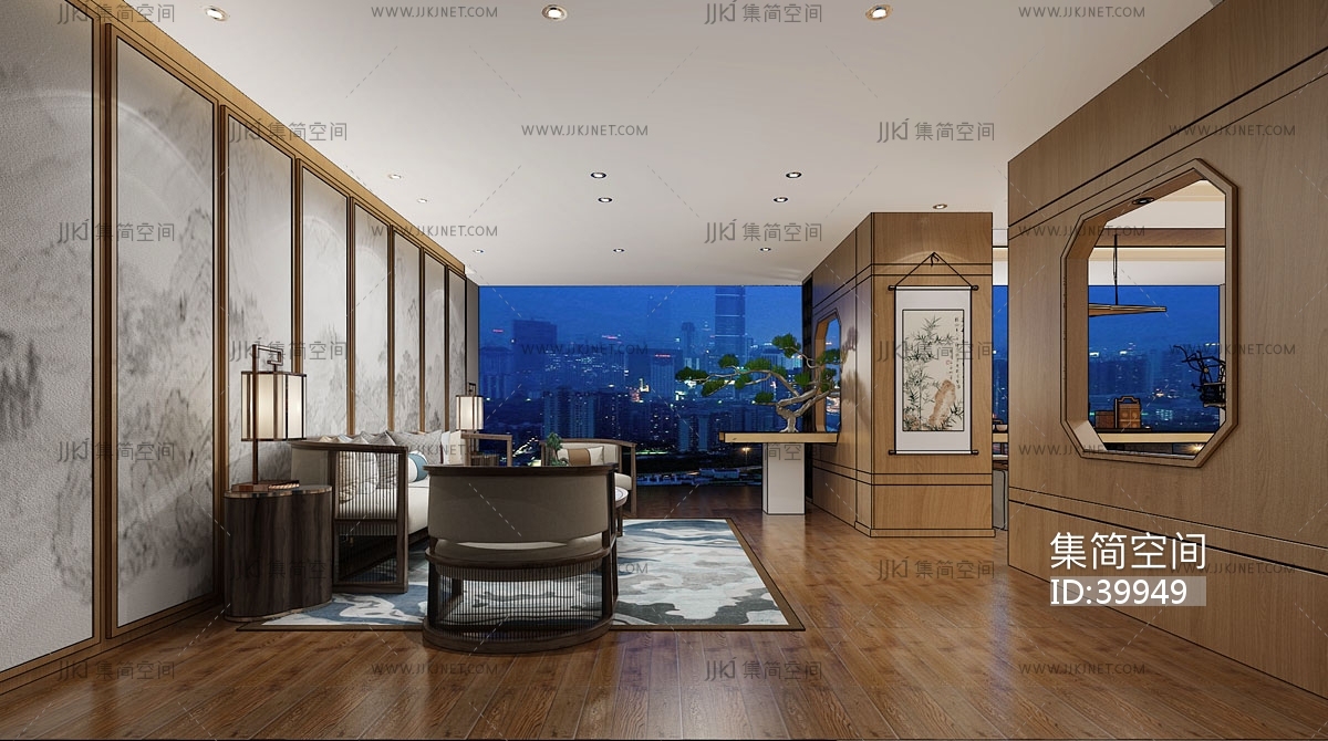 Z11-0505新中式经理办公室会客区沙发茶几壁画挂画3d模型下载-【集简空间】「每日更新」