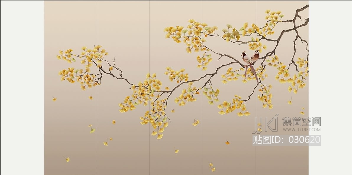 新中式花鸟银杏叶壁纸壁布壁画屏风画a (10)