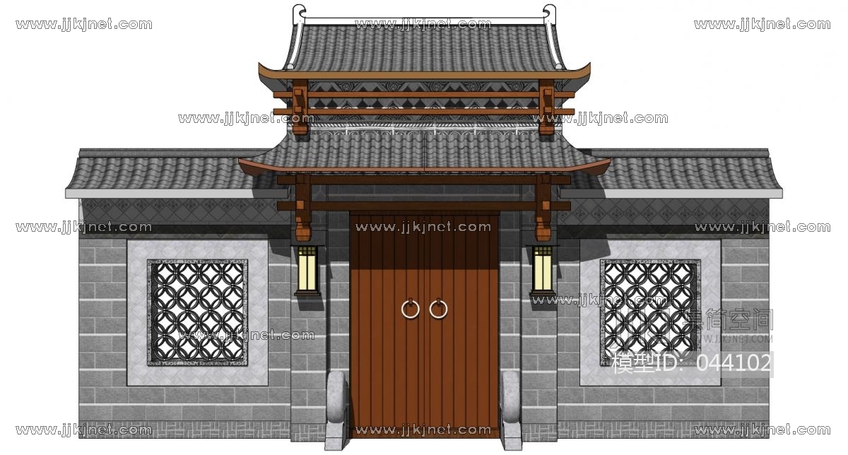 中式别墅庭院建筑大门门楼 院墙 门头 (7)su草图模型下载