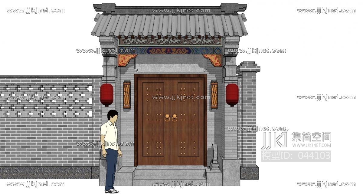 中式别墅庭院建筑大门门楼 院墙 门头 (8)su草图模型下载