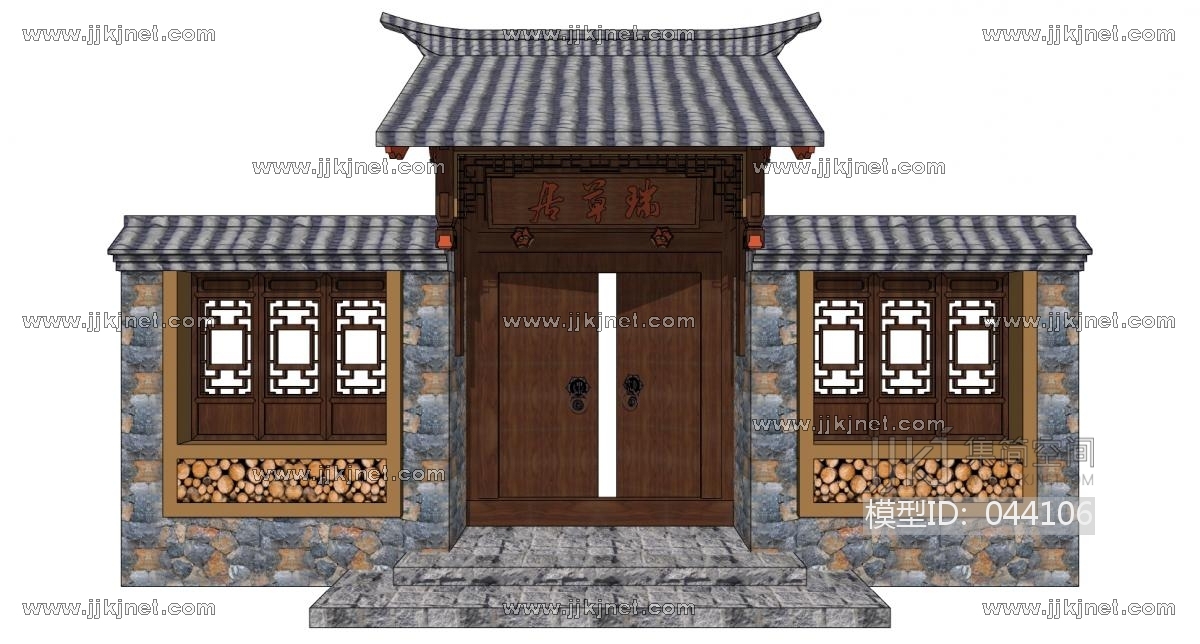 中式别墅庭院建筑大门门楼 院墙 门头 (11)草图模型