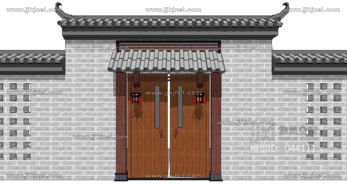 古建筑 门头 中式别墅庭院建筑大门门楼 院墙 门头 (16)su草图模型