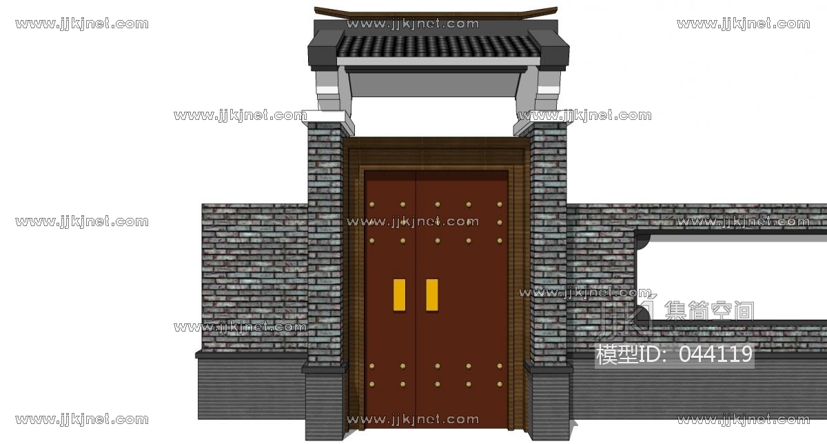 中式别墅庭院建筑大门门楼 院墙 门头 (24)su草图模型下载