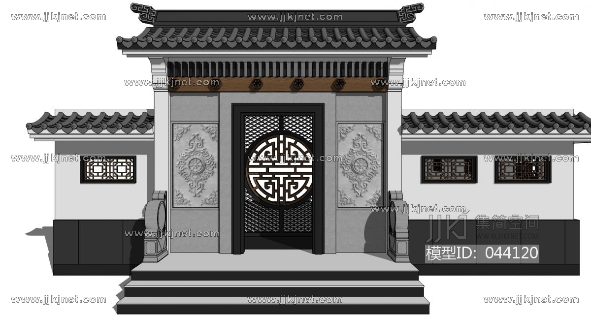 中式别墅庭院建筑大门门楼院墙门头25su草图模型下载