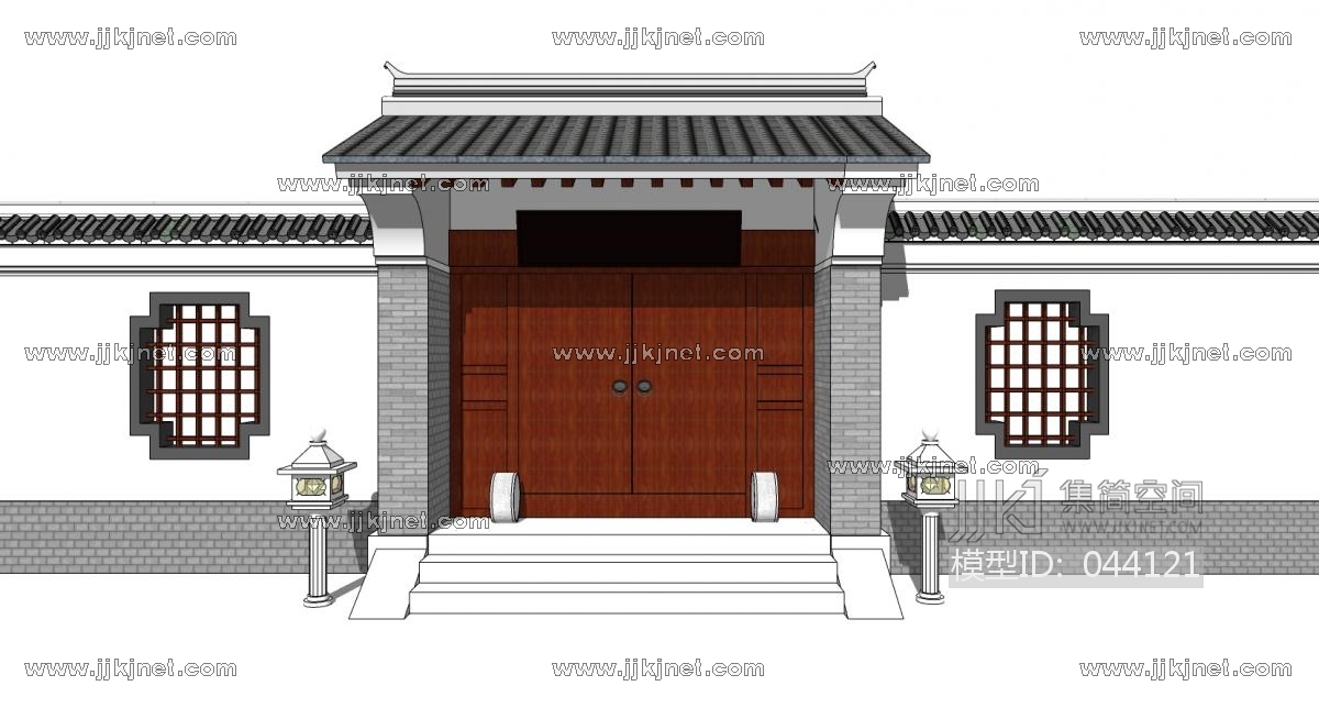 中式别墅庭院建筑大门门楼院墙门头26su草图模型下载
