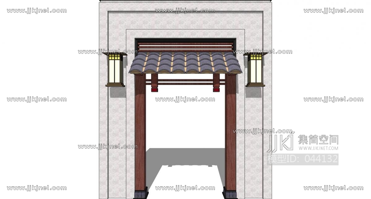 中式别墅庭院建筑大门门楼 院墙 门头(37)su草图模型下载
