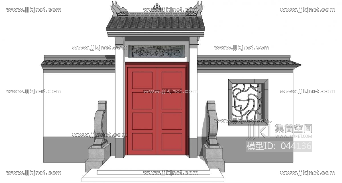 中式别墅庭院建筑大门门楼 院墙 门头(41)su草图模型下载