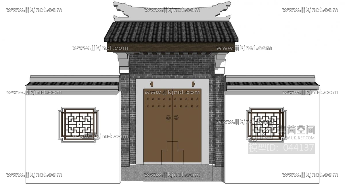 中式别墅庭院建筑大门门楼 院墙 门头 (42)su草图模型下载
