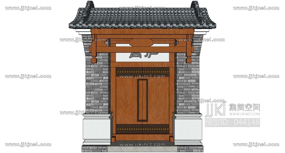 中式别墅庭院建筑大门门楼 院墙 门头 (54)su草图模型下载
