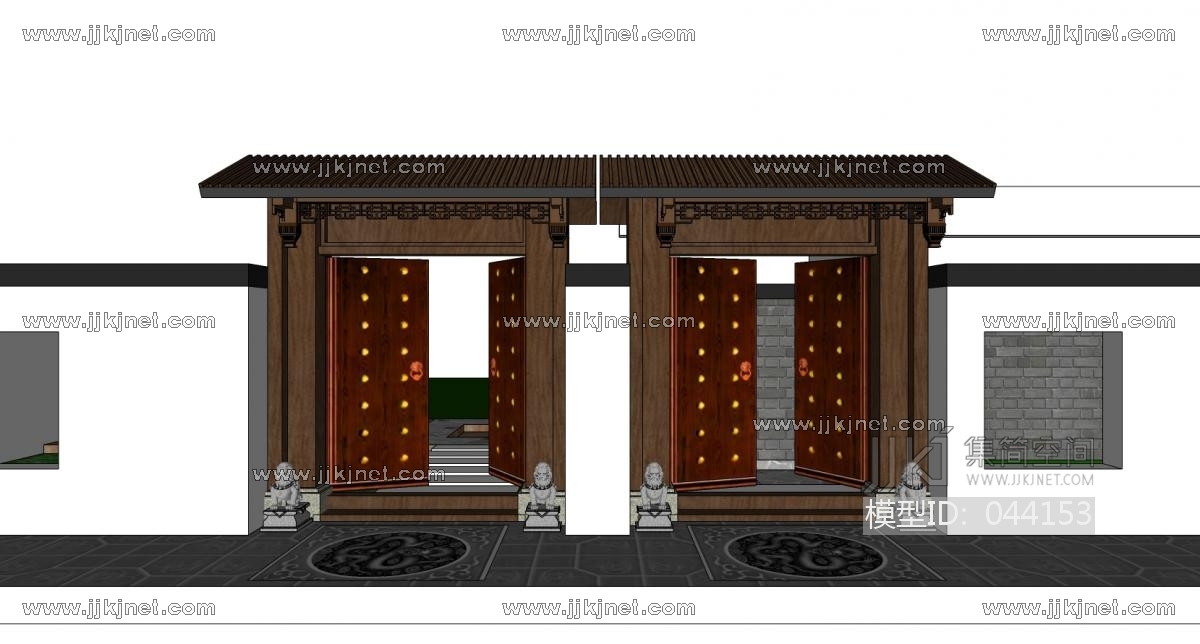 中式别墅庭院建筑大门门楼 院墙 门头 (59)su草图模型下载