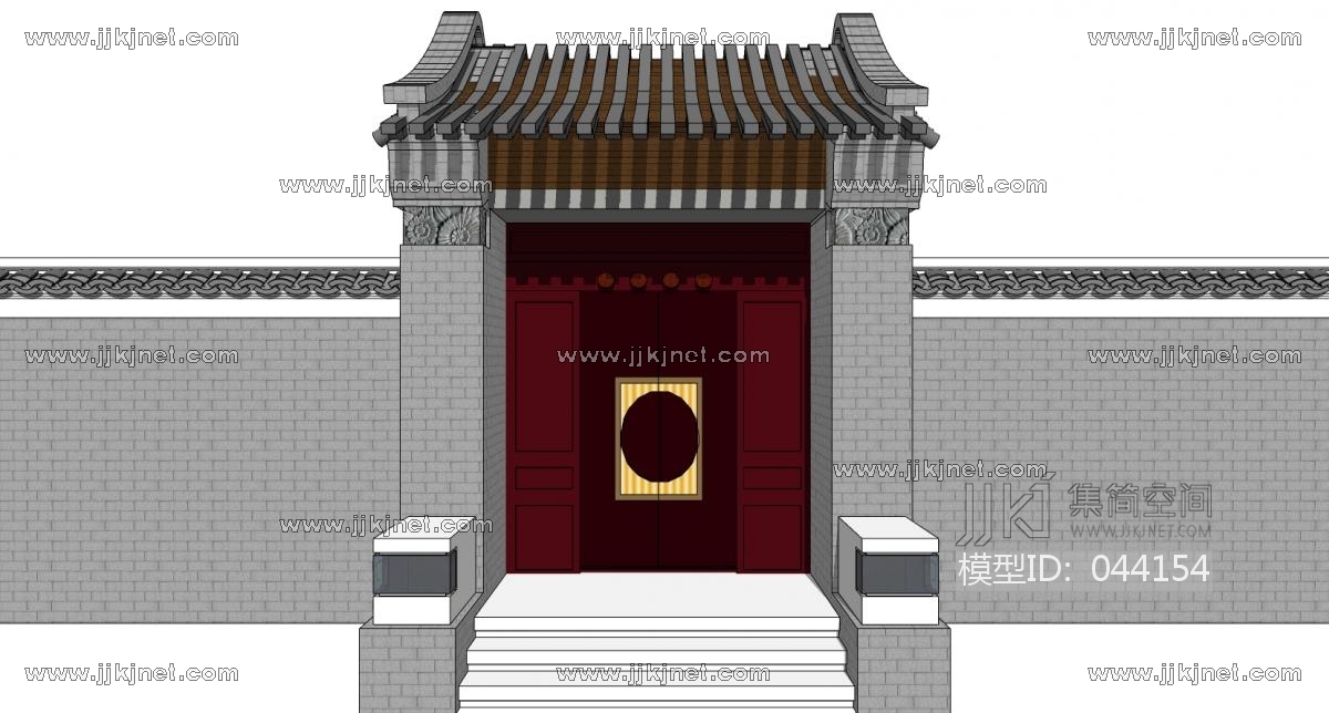 中式别墅庭院建筑大门门楼 院墙 门头 (60)su草图模型下载