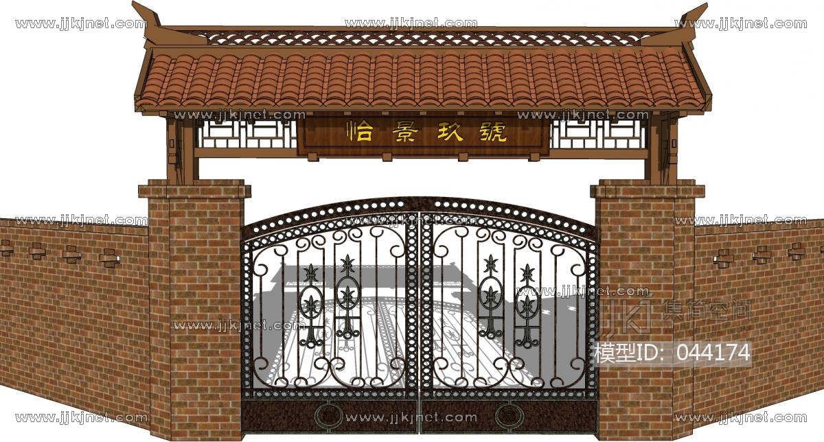 中式别墅庭院建筑大门门楼院墙门头76su草图模型下载