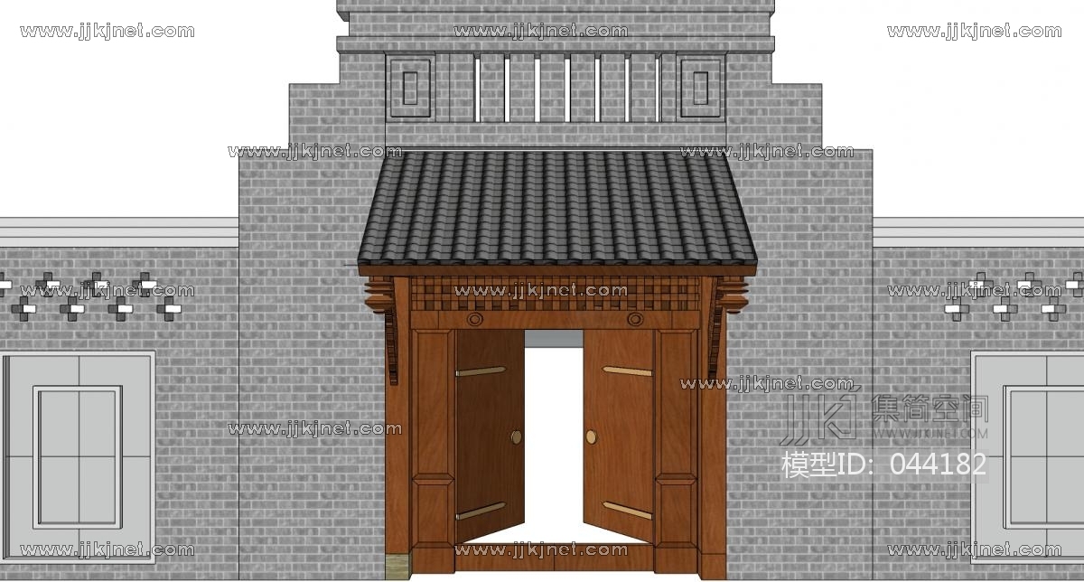 中式别墅庭院建筑大门门楼 院墙 门头 (85)su草图模型下载