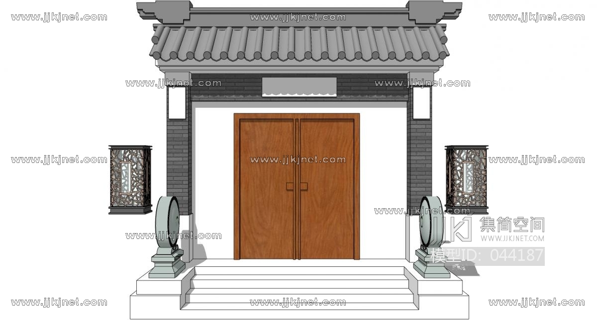 中式别墅庭院建筑大门门楼 院墙 门头 (90)su草图模型下载