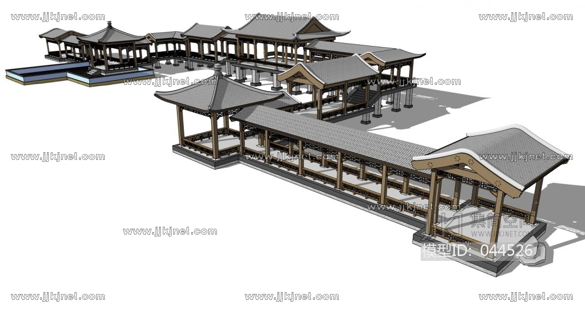 中式古建凉亭连廊桥 (3)su草图模型下载