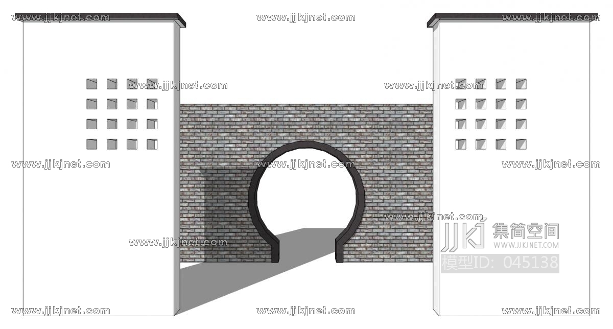 中式庭院月亮门月洞门墙 (17)su草图模型下载