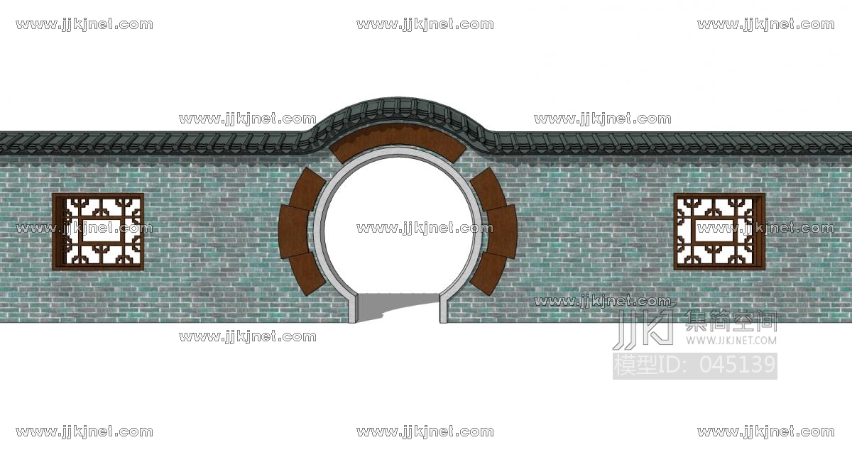 中式庭院月亮门月洞门墙 (18)su草图模型下载