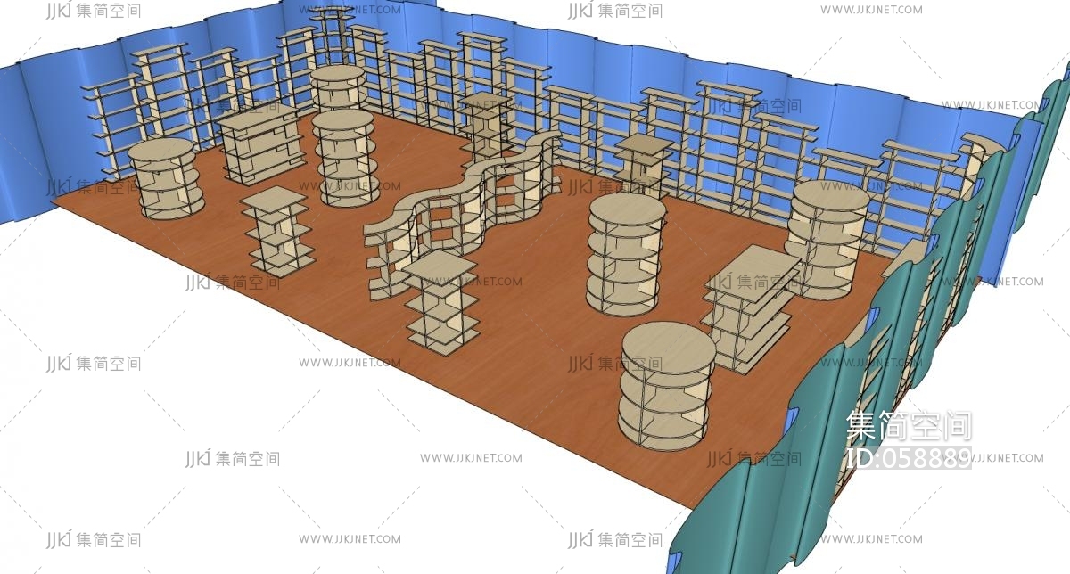 (100)现代图书馆异形书吧木制书架su草图模型下载-【集简空间】「每日更新」