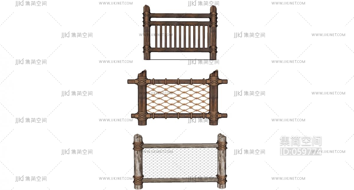(55)中式民宿乡村山村麻绳木有栏杆扶手护栏栅栏护栏su草图模型下载
