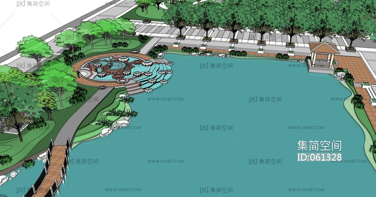 05人造湖水系叠水水景喷泉绿植树规划设计园林景观sketchup草图模型