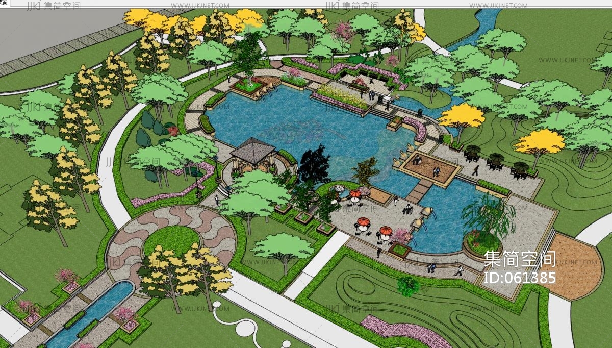 011欧式园区水系凉亭景观规划设计 su草图模型下载