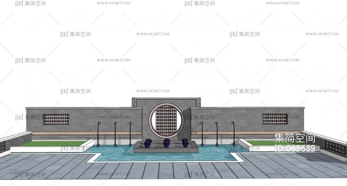 10新中式新亚洲叠水水池景墙背景墙景观墙水景水池su草图模型下载