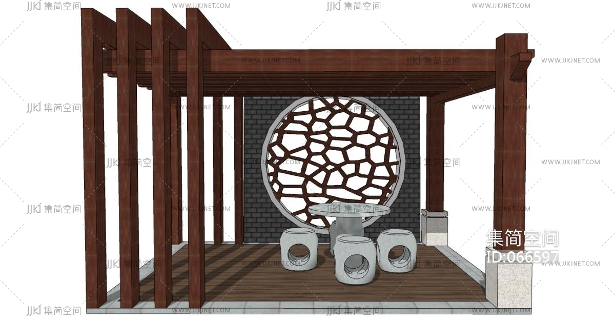29新中式影壁墙廊架凉亭庭院石桌椅石凳su草图模型下载