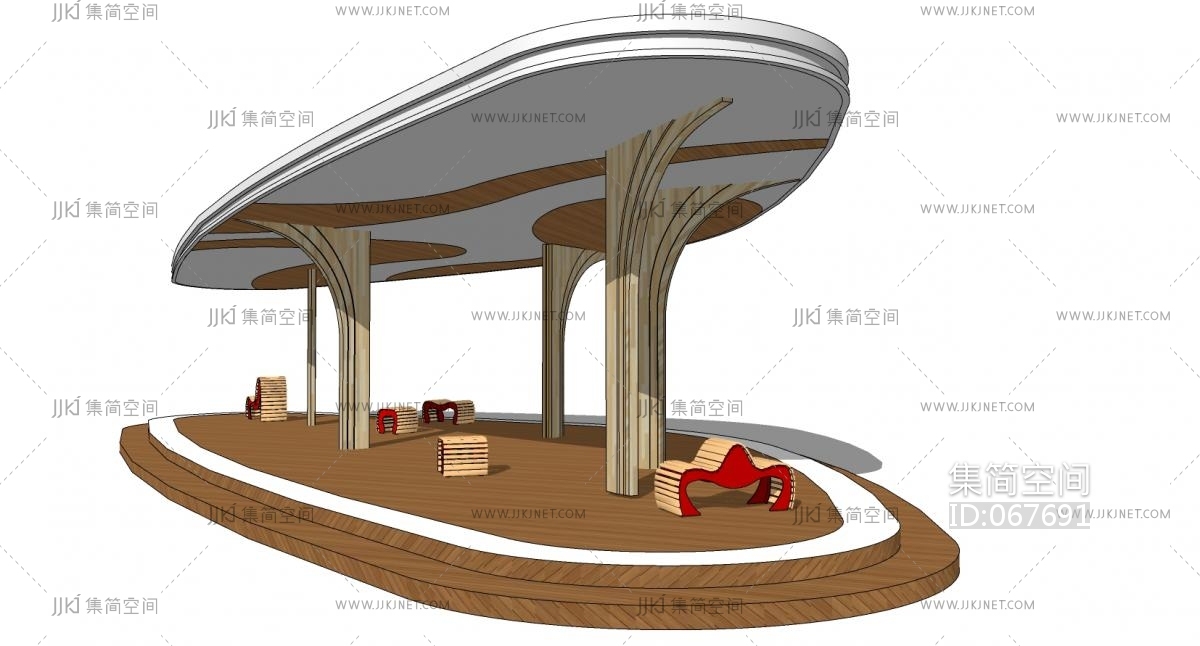 15现代异形廊架凉亭遮阳棚su草图模型下载