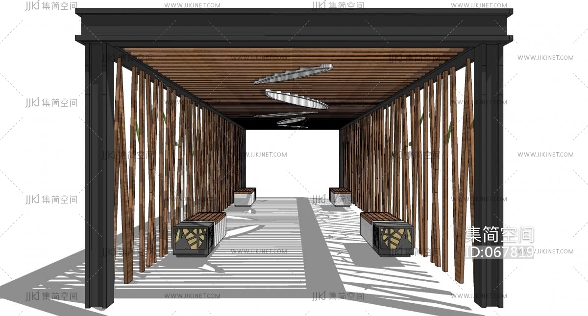 51现代树造型廊架遮阳棚连廊户外座椅su草图模型下载