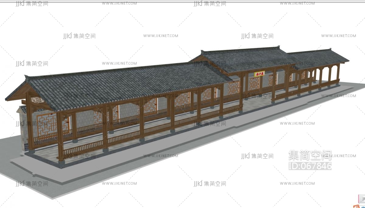 60中式古建校园长廊和文化墙效果院墙凉亭连廊sketchup草图模型下载