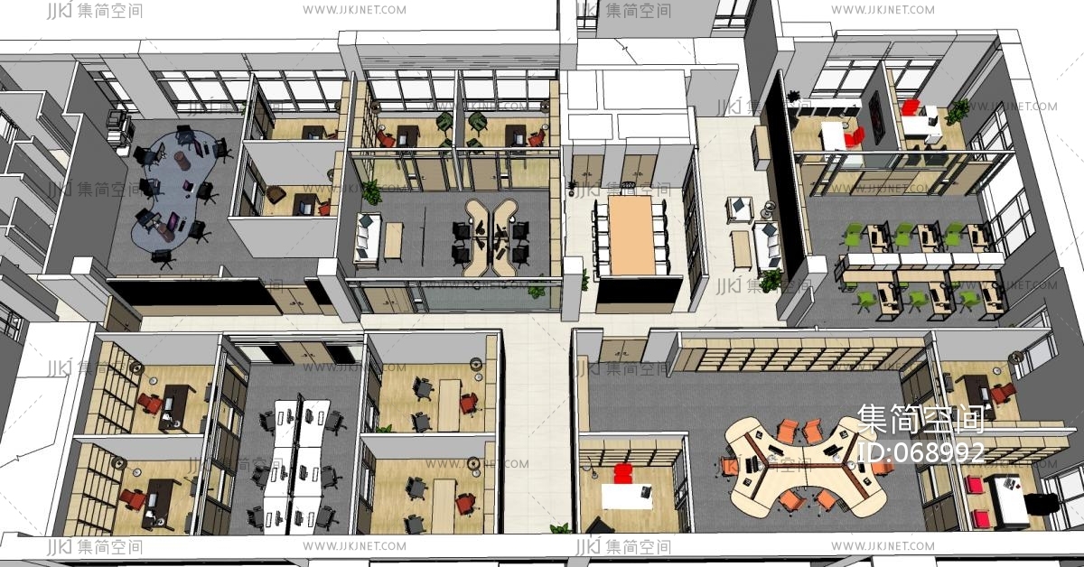 04现代风格办公室异形员工工位会议室su草图模型下载