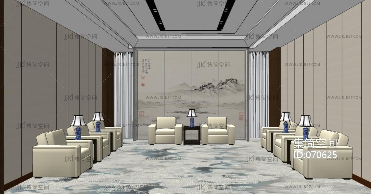 10现代新中式贵宾沙发陶瓷台灯接待室 su草图模型下载-【集简空间】「每日更新」