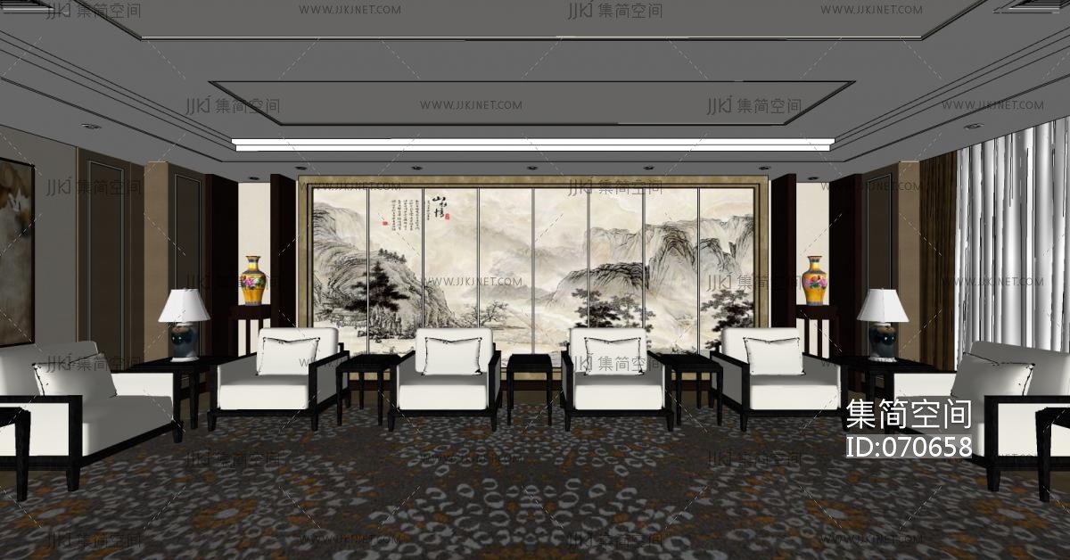 10新中式贵宾接待室沙发陶瓷台灯su草图模型下载-【集简空间】「每日更新」