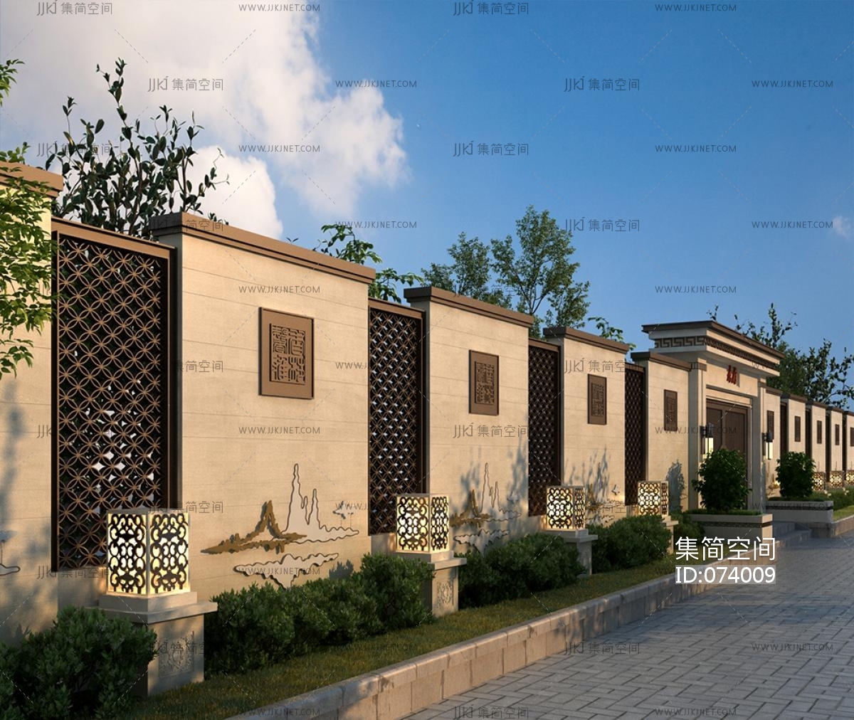 09新中式别墅建筑围墙院墙入口大门3d模型下载
