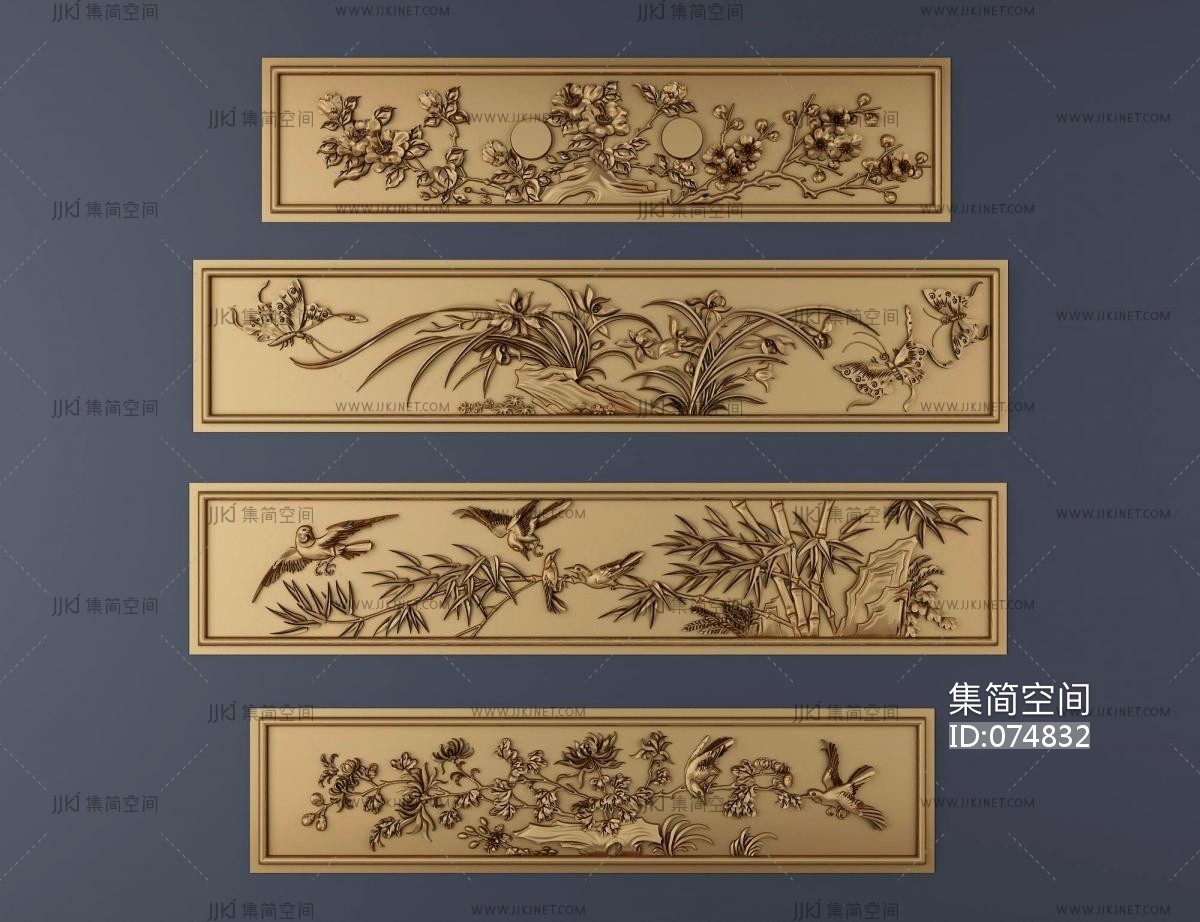 3中式古典花鸟,竹,蝴蝶雕花,浮雕3d模型下载