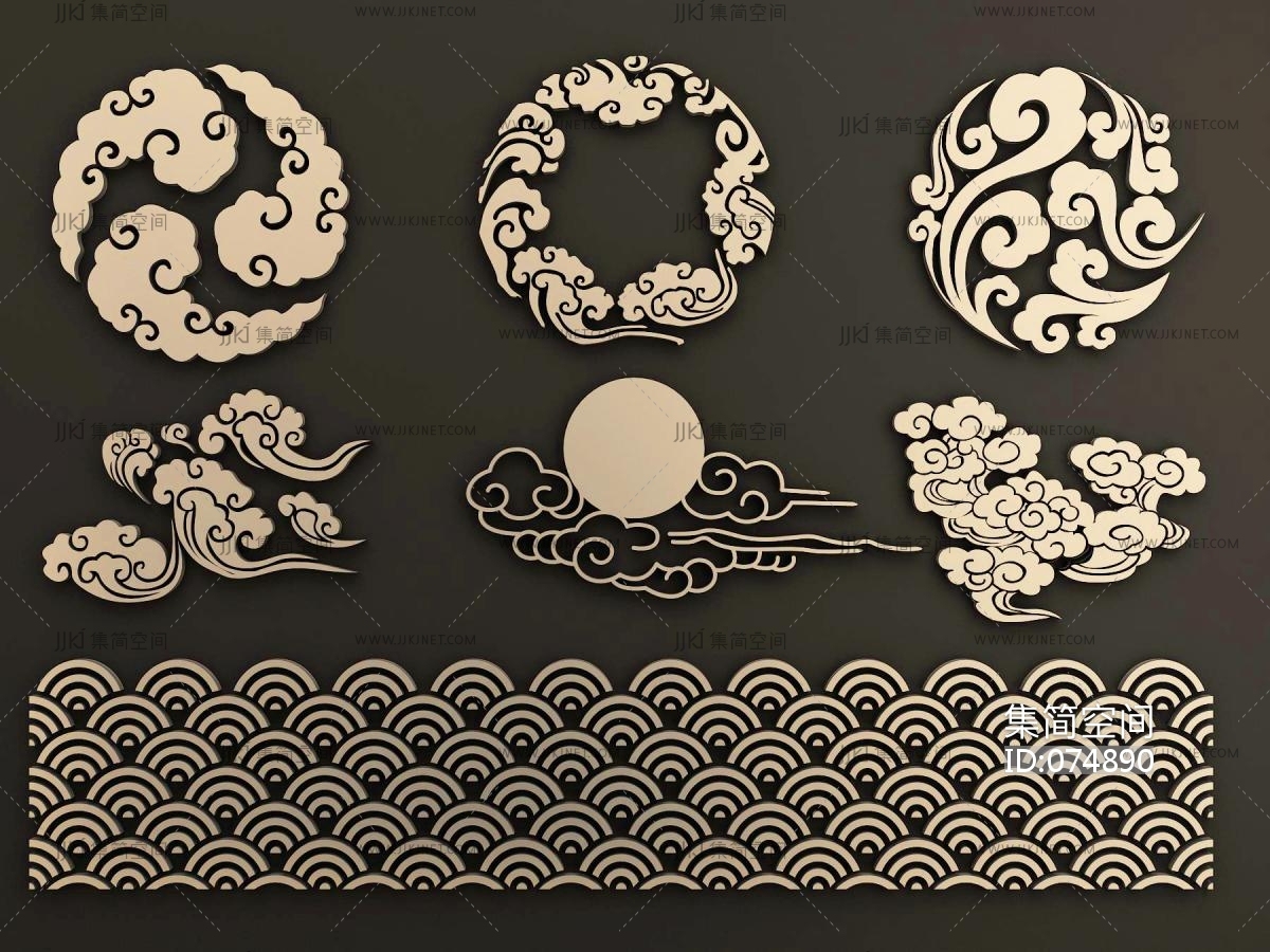 中式圆形云纹，祥云，雕花，花纹，雕刻木雕