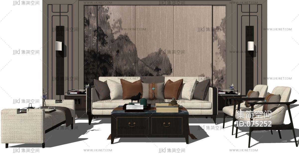 56新中式风格组合沙发 三人沙发 卧榻 背景墙 单人椅