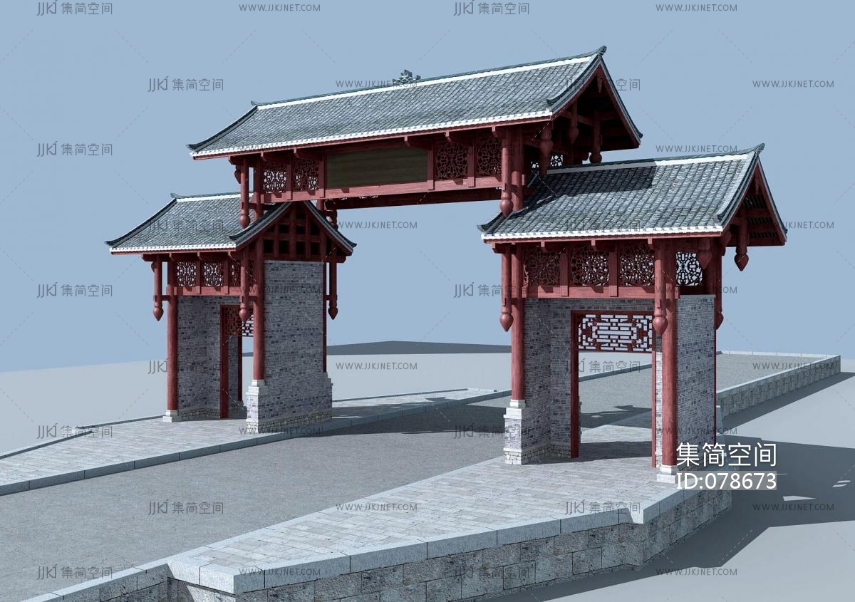 中式古建筑 大门门楼, 3d模型下载