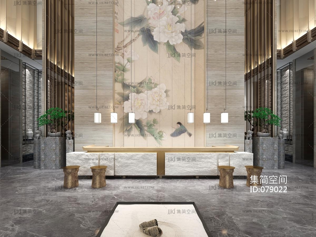 新中式酒店大堂3d模型下载-【集简空间】「每日更新」